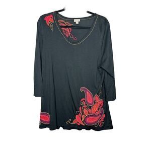 J. Jill Paisley Embroidered Cotton Blend Top Size Large Boho Lagenlook Modest